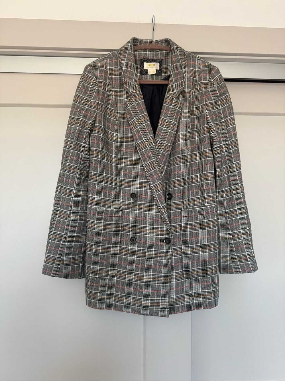 Anthropologie Maeve Black and Cream Plaid Double-Breasted Blazer